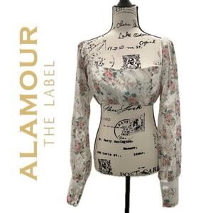 ALAMOUR THE LABEL CROPPED TOP PUFF‎ SLEEVES SMOCKED SZ M AESTHETIC COTTAGECORE